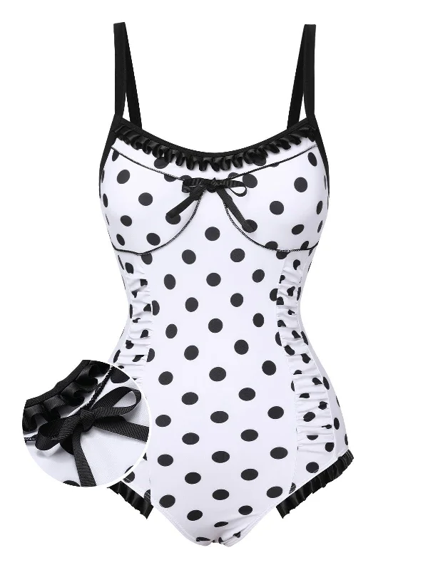 White 1950s Polka Dots Strap Swimsuit Polished Women's Silk