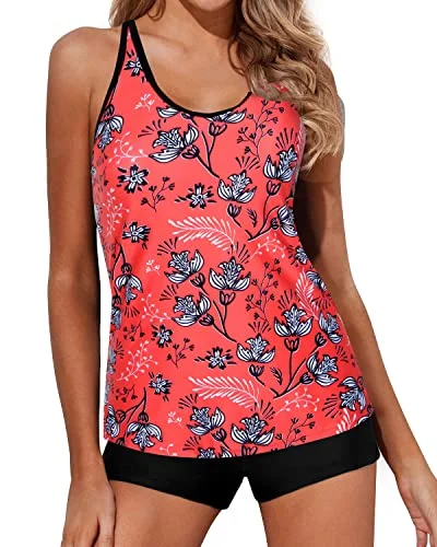 Loose Scoop Neckline Tankini Swimsuits For Women-Red Floral Casual Women's Japanese 
