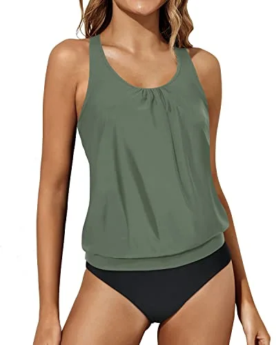 Blouson Two Piece Tankini Swimsuits Women Tummy Control Bathing Suits-Olive Green Sophisticated Women's 