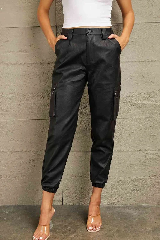 Kancan High Rise Faux Leather Joggers Tough Women's Military - inspired
