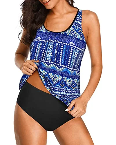 Women's Two Piece Sporty Tankini Set For Tummy Control Bathing Suits-Blue Tribal Classic Women's Tweed