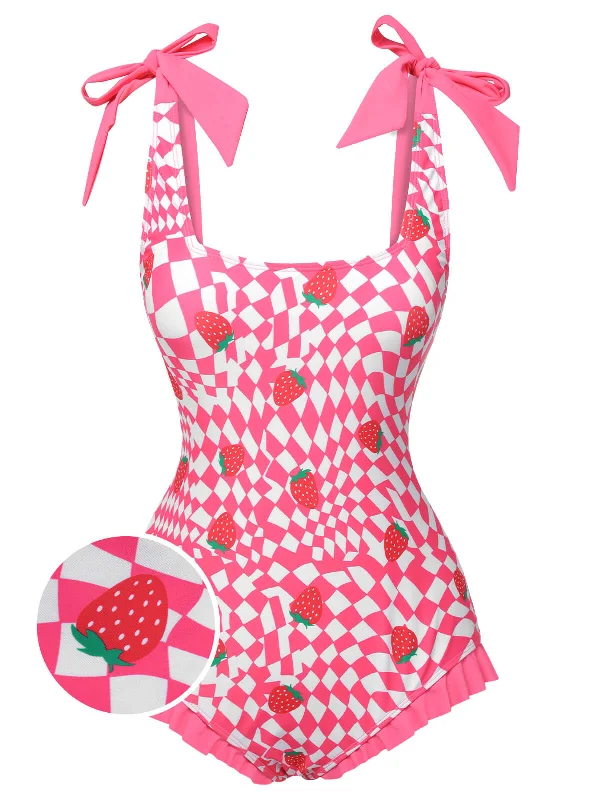 Pink 1960s Strawberry Plaid One-Piece Swimsuit Confident Women's High - fashion