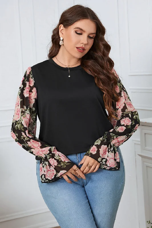 Plus Size Floral Flounce Sleeve Blouse Sporty Women's Athleisure 