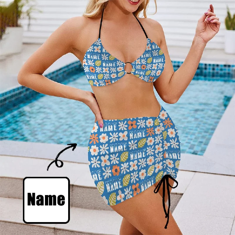 Custom Name Bikini Set Personalized Women's Drawstring Halterneck Three-Piece Swimsuit Skirt Classic Women's Tweed