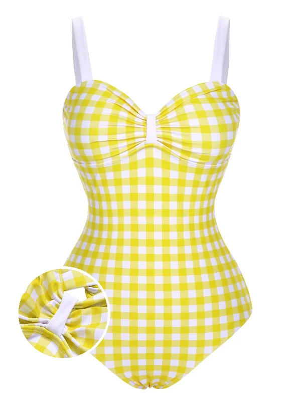 Yellow 1950s Plaid Strap Pleated Swimsuit Sporty Women's Athleisure 