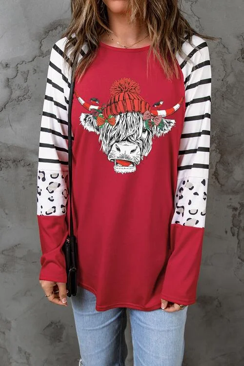Bull Graphic Striped Long Sleeve T-Shirt Laid - back Women's Vibe