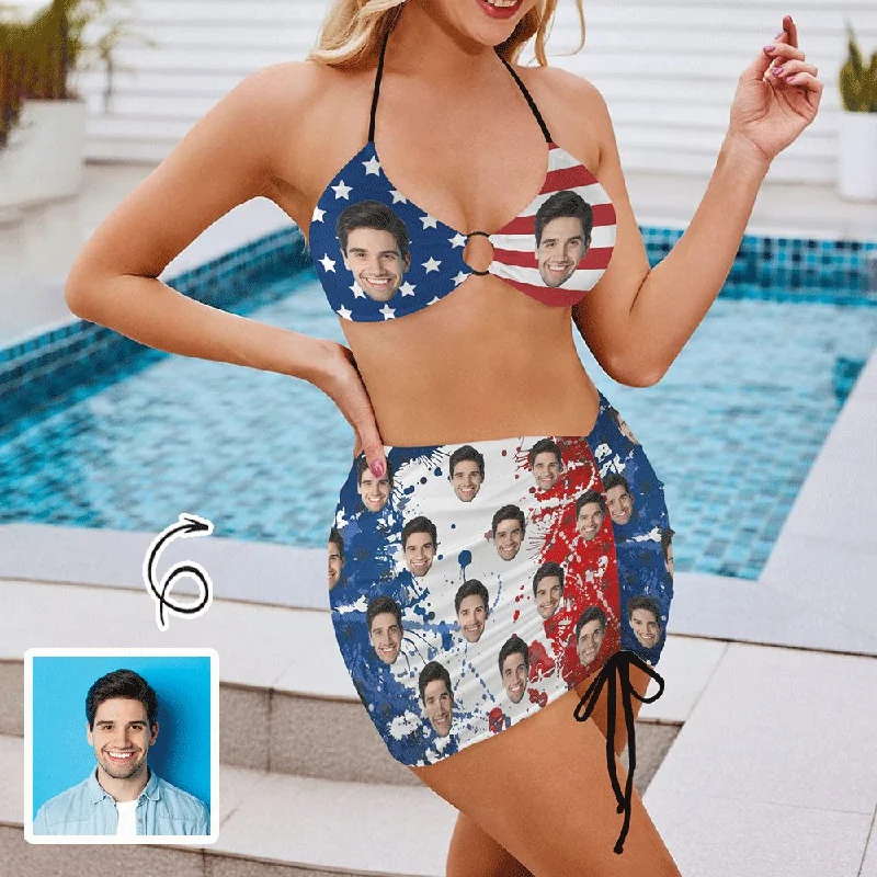 Custom Face American Flag Bikini Set Personalized Women's Drawstring Halterneck Three-Piece Swimsuit Skirt Scandinavian Custom Face American Flag Bikini Set Personalized Women's Drawstring Halterneck Three-Piece Swimsuit Skirt Scandinavian