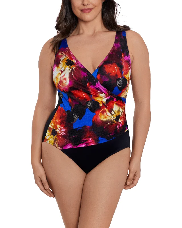 2024 Longitude Les Fleurs Side Shirred Surplice Long Torso One Piece Swimsuit - L242413 Unique Women's Upcycled