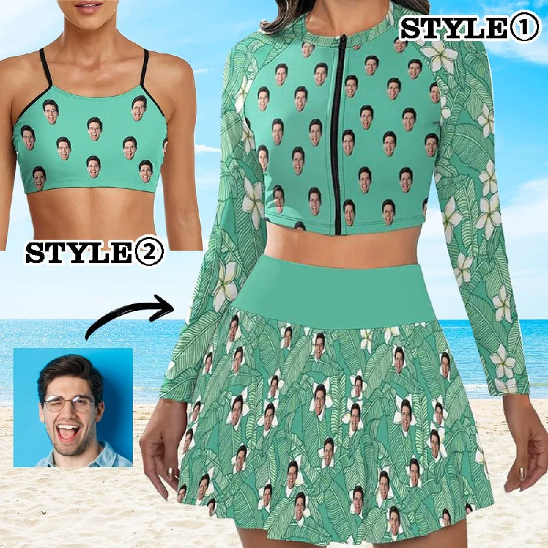 Custom Face Green Bikini Top&Bottom Women's Swim Skirt With Bottom Long Sleeve Zip Top Refined Women's Velvet