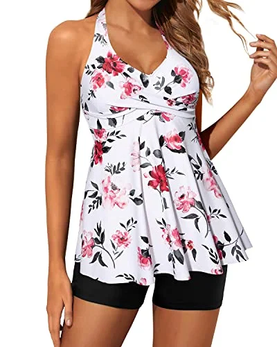 Two Piece Tankini Swimsuits For Women Shorts Halter V Neck Bathing Suits-White Floral Dapper Women's Bow - adorned