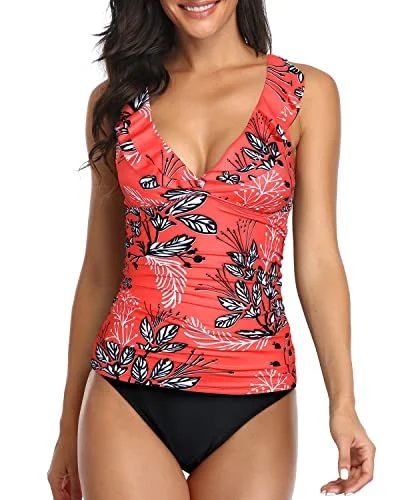 2 Piece Sexy Falbala Flounce Tankini Swimsuits Ruched Bathing Suits-Red Floral Earthy Women's Hemp - based