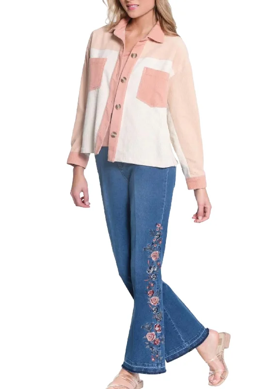 Zip Front Embellished Detail Boot Cut Jean In Medium Indigo Classic Women's Tweed