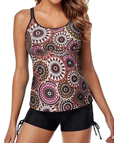 Cross-Back Tankini Swimsuits For Women Tummy Control Shorts-Brown Print Trendy Women's 