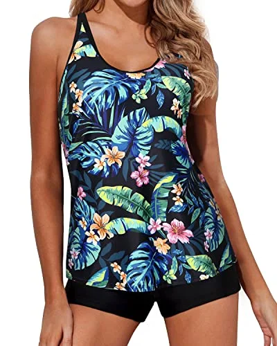 Cute Scoop Neck Tankini Swimsuits For Women Boy Shorts-Black Green Leaves Geometric