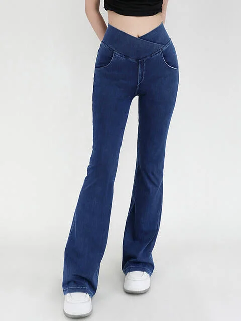 Wide Waistband Bootcut Jeans with Pockets Cozy Women's Sherpa - lined