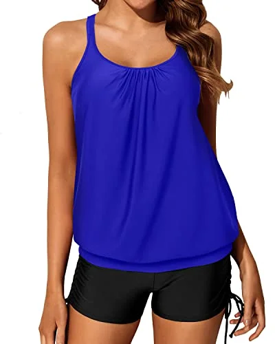 Loose Fit Push Up Padded Bra Tankini Swimsuits Criss Cross Back-Royal Blue And Black Geometric