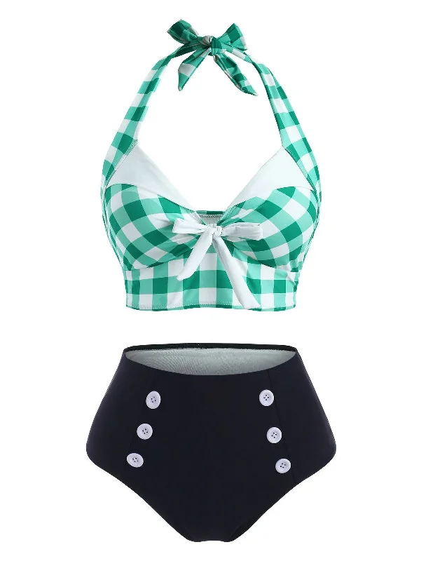 Green 1950s Checked Halter Bowknot Bikini Set Traditional Women's 