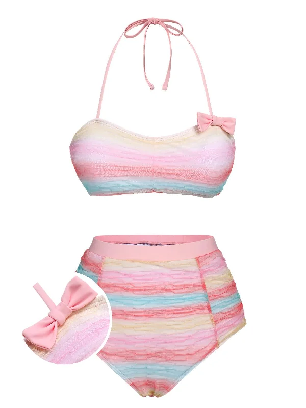 Multicolor 1960s Rainbow Mesh Bow Swimsuit Athletic Women's High - 