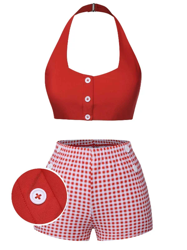 Red 1950s Halter Plaids Swimsuit Athletic Women's 