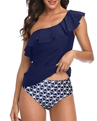 Best Tummy Control One Shoulder Tankini Swimsuits For Women-Navy Blue Tribal Earthy Women's Hemp - based