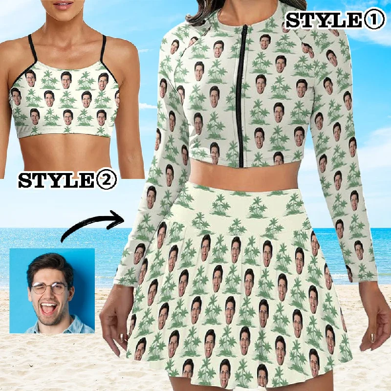 Custom Face Palm Tree Bikini Top&Bottom Women's Swim Skirt With Bottom Long Sleeve Zip Top Sporty Women's Athleisure 
