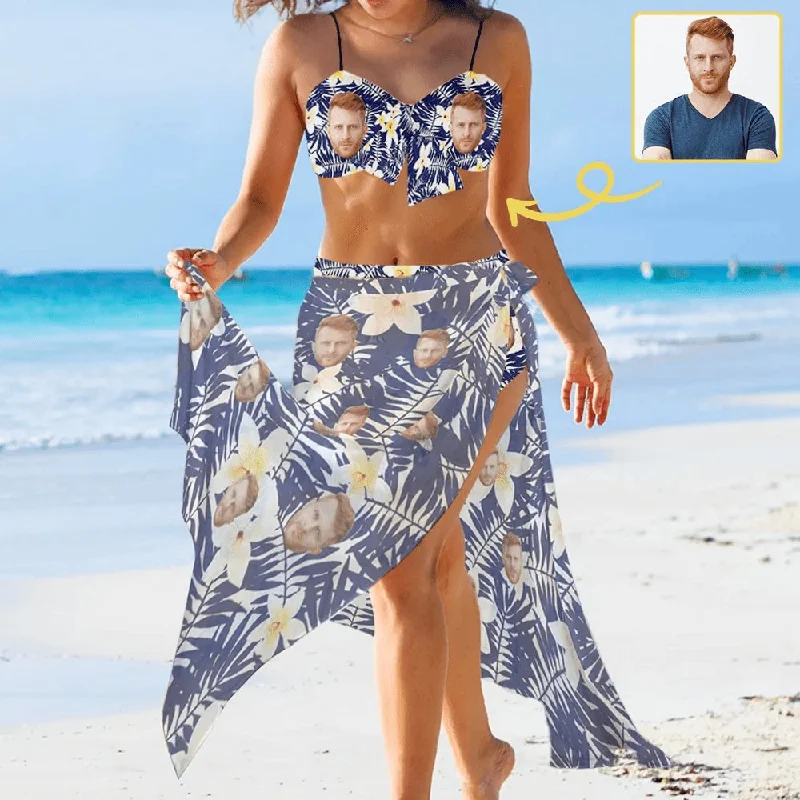 Custom Face Blue Flowers Bikini&Cover Up Set Women's Chest Bow Bikini Long Cover Up Skirt With Slit performance