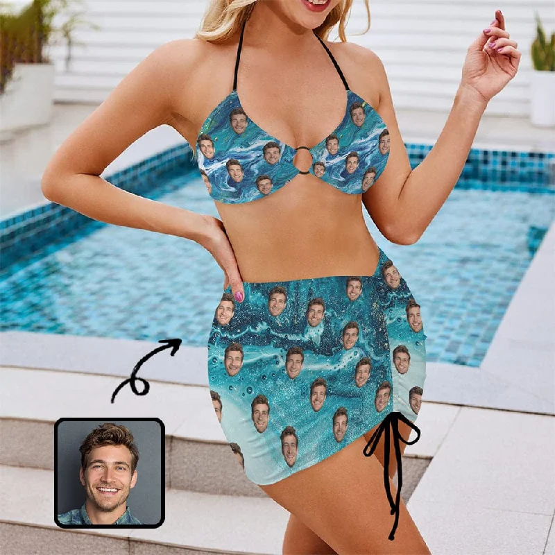 Custom Face Blue Bikini Set Personalized Women's Drawstring Halterneck Three-Piece Swimsuit Skirt Artistic Women's Avant - 