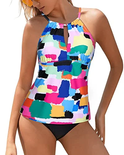 High Neck Tankini Swimsuits Women Two Piece Tummy Control Bathing Suits-Aqua Cool Women's Skate