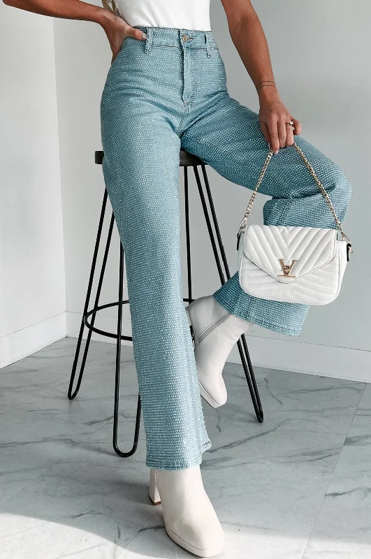 Mina High Rise Rhinestone Studded Straight Leg Jeans (Blue Wash) Refined Women's Classic 