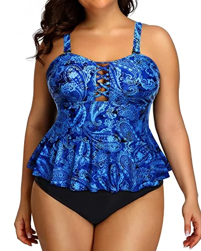 Peplum Tankini Tops For Women Plus Size Swimsuits High Waisted Swimwear-Blue Tribal Refined Women's Hand - crafted