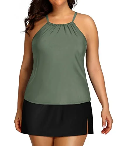 Plus Size Tankini Skirt Tummy Control High Neck Swimsuits-Olive Green Trendy Women's Oversized