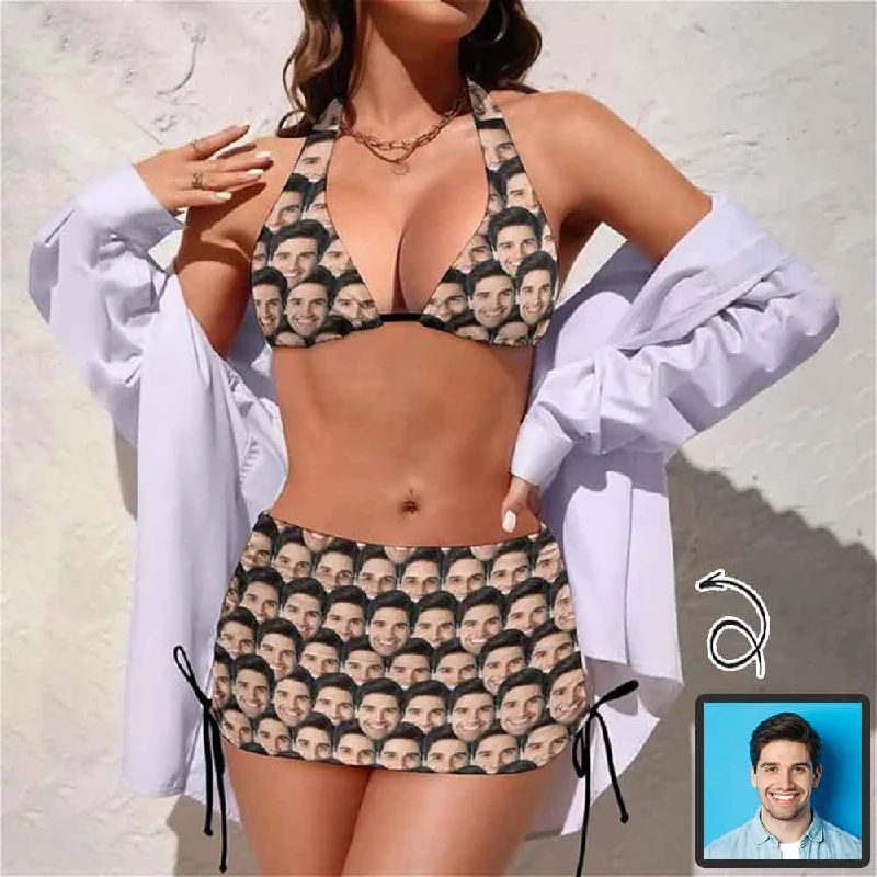 Custom Seamless Face 3-Pieces Bikini Set Halter Neck Top Bikini Skirts with Drawstring Laid - back Women's Style Custom Seamless Face 3-Pieces Bikini Set Halter Neck Top Bikini Skirts with Drawstring Laid - back Women's Style