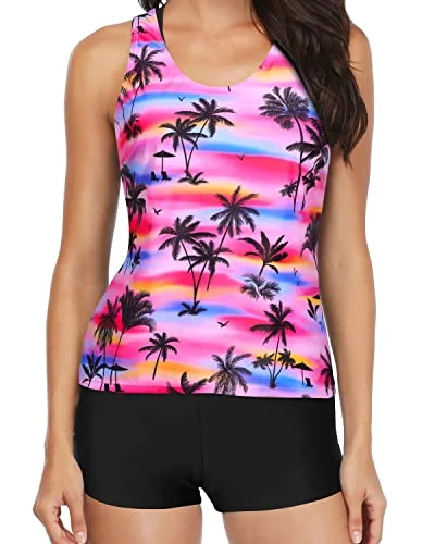 Modest 3-Piece Tankini High Waist Boy Shorts-Palm Tree Earthy Women's Hemp - based