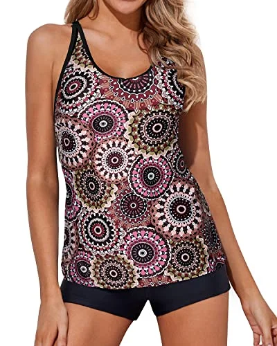Tummy Control Tankini Swimwear Shorts For Women-Brown Print Rugged Women's Outdoor 