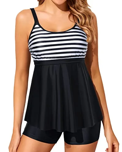 U Neck Tummy Control Swimsuits Modest Swimwear Two Piece Tankini Bathing Suits-Black And White Stripe Modern Women's Tech