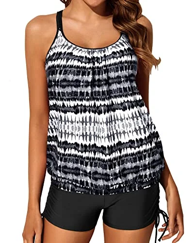 Athletic Blouson Tankini Swimsuits Two Piece Strappy Bathing Suit Tops Shorts-Black And White Tribal French