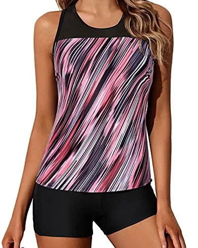 Racerback Tank Top Mid-Waist Boy Shorts For Women's Swimwear-Pink Stripe Feminine Women's Soft 