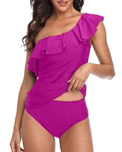 One Shoulder Tankini Tummy Control Bathing Suits For Women-Hot Pink British Gentlewoman Style