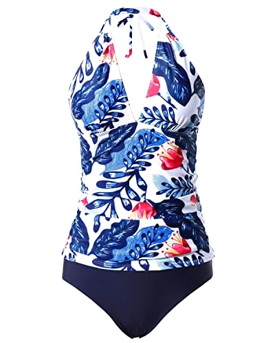 Sexy And Cute Open Back Swimsuits Floral Bikini Bottom Two Piece Tankini-White And Blue Floral Edgy Women's Punk