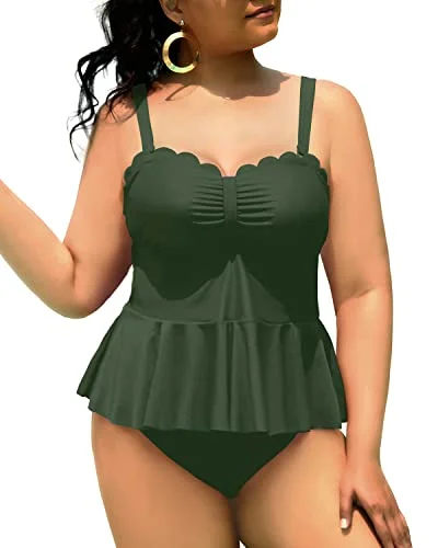Two Piece Black Swimsuits For Women Plus Size Ruffle Hem-Army Green Polished Women's Silk