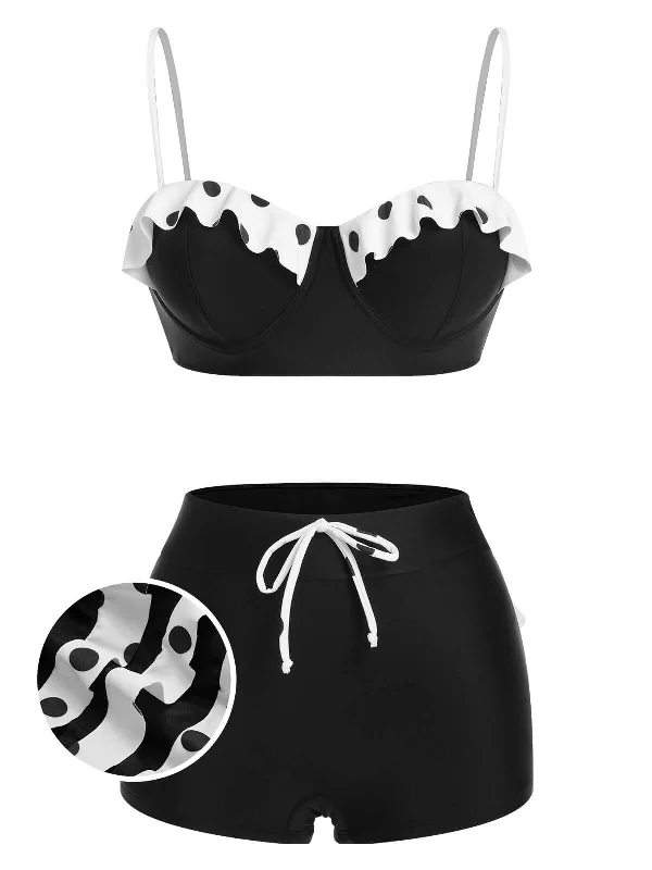 Black White 1950s Dots Layered Strap Swimsuit Gym