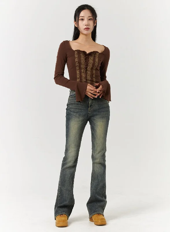 Denim Mid-Waist Flared Jeans CD322 Sleek Women's 