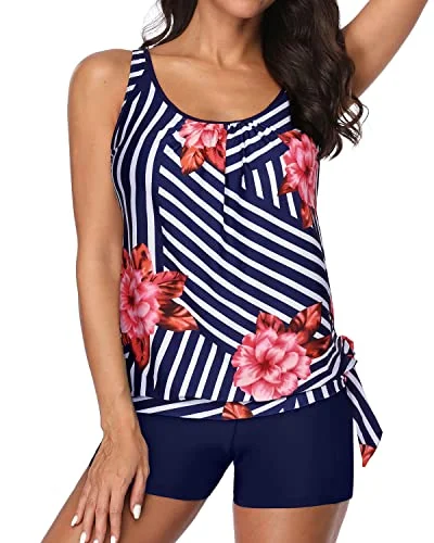 Women's Blouson Tankini Top Shorts Tummy Control Loose Fit-Blue Floral Relaxed Women's 