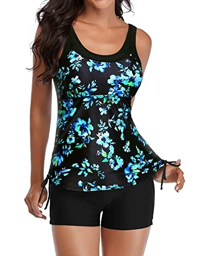 Volleyball Sport Tankini Swimsuits Shorts Slimming Swimwear-Black Blue Floral Practical Women's Quick - dry