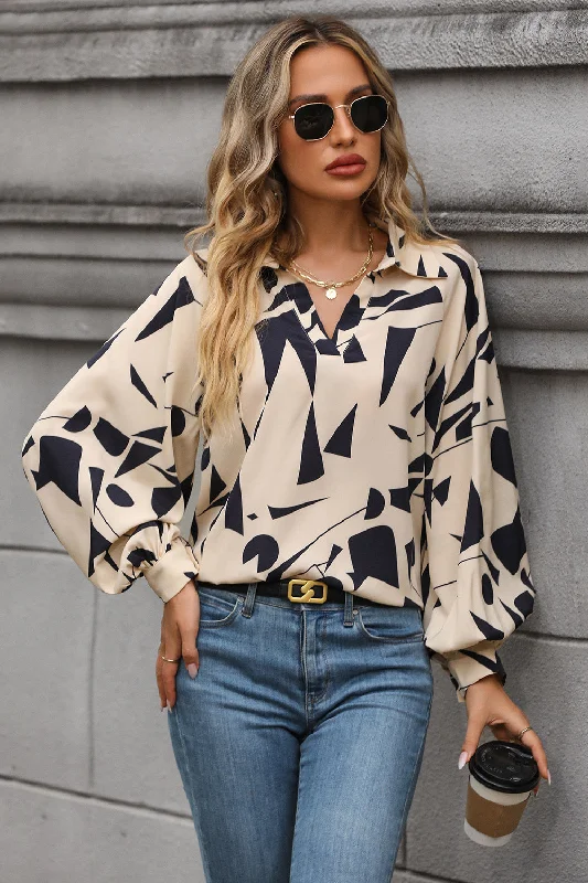 Printed Johnny Collar Blouse Cozy Women's Sherpa - lined