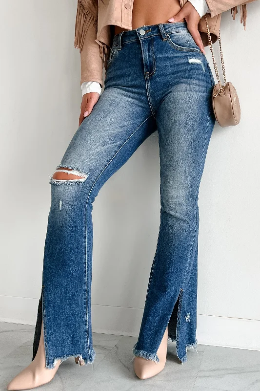 Cassius High Rise Split Hem Risen Flare Jeans (Dark) Gym