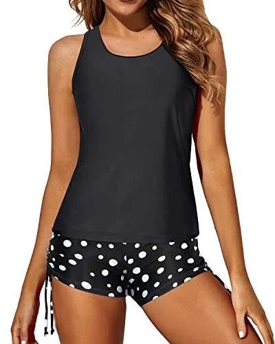 Athletic And Flattering Tank Top Boy Shorts For Women's Swimwear-Black Dot Gym