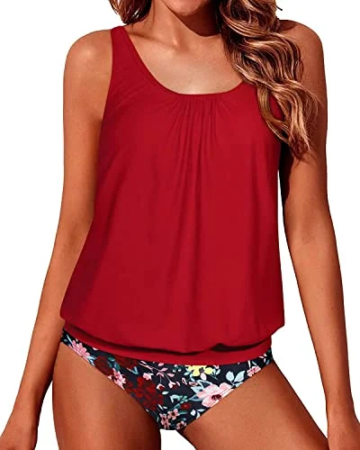 Loose Fit Mid Waist Bottom Tummy Control Teen Tankini Swimsuits-Red Floral Bohemian Women's Free