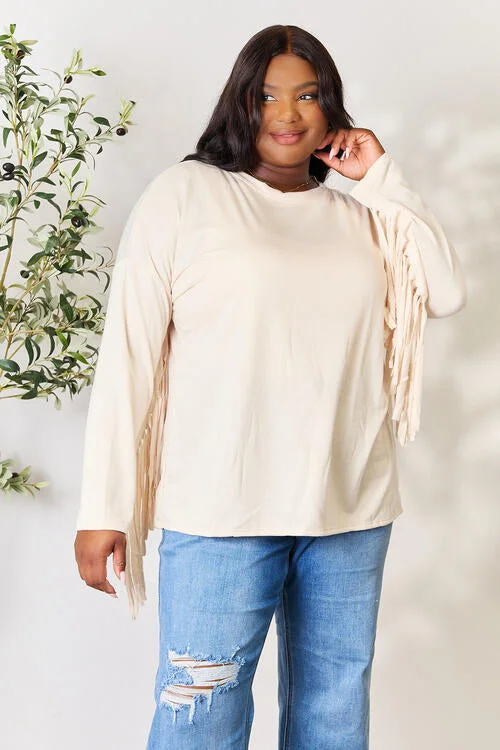 Celeste Full Size Fringe Detail Long Sleeve Blouse Sophisticated Women's 