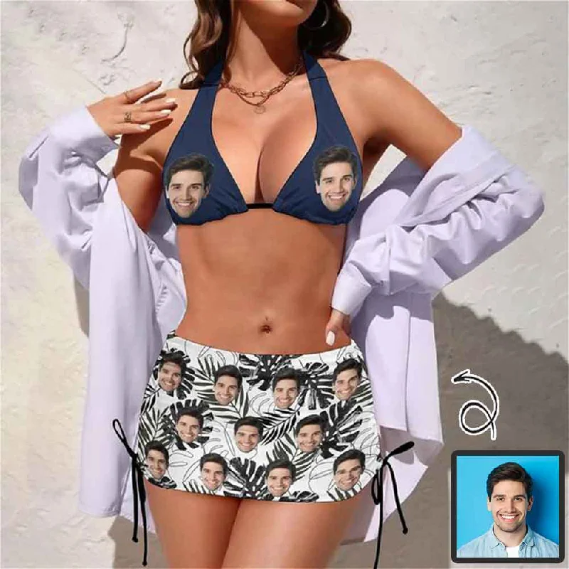 Custom Face Blue Leaves 3-Pieces Bikini Set Halter Neck Top Bikini Skirts with Drawstring Trendy Women's Custom Face Blue Leaves 3-Pieces Bikini Set Halter Neck Top Bikini Skirts with Drawstring Trendy Women's